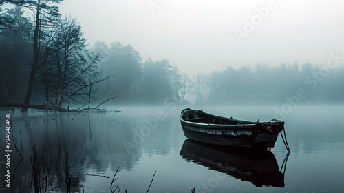 Foggy morning on the lake in the woods with a boat
