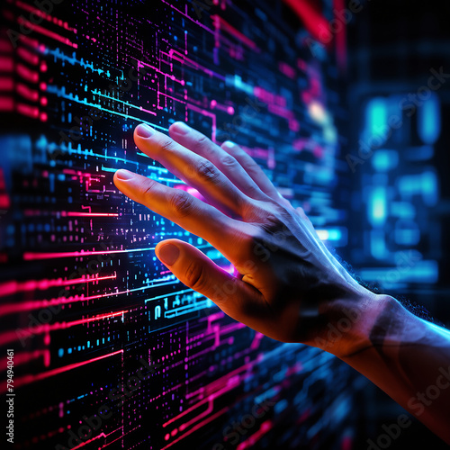 human hand pressing on a sleek touch screen binary code cascading from fingertips