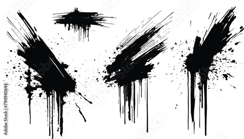 Vector Set of Black Ink Splatters, Paintbrush Strokes, Grungy Lines, and Artistic Design Elements with Drops and Blots, Isolated on Transparent Background.