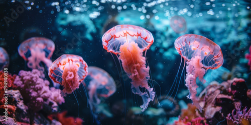 Mesmerizing Underwater Dance of Pink Jellyfish with Neon Highlights