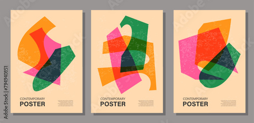 Set of trendy contemporary posters, risograph aesthetics, riso print effect photo