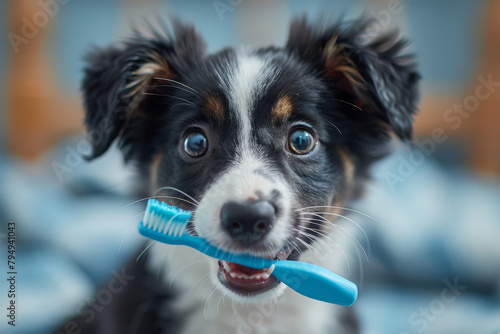 Puppy Dental Care Adorable Dog with a Toothbrush photo