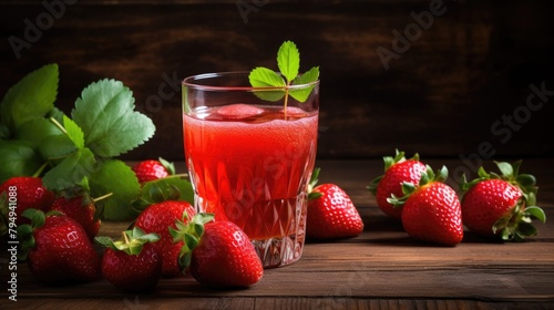 Drink in a glass with ripe strawberries on the table. Invigorating refreshing juice, delicious snack and breakfast. A healthy organic drink. Proper nutrition and diet.