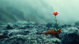 Solitary red flower blooms amidst misty rocky landscape, symbolizing hope and resilience