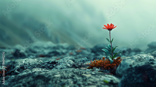 Solitary red flower blooms amidst misty rocky landscape, symbolizing hope and resilience