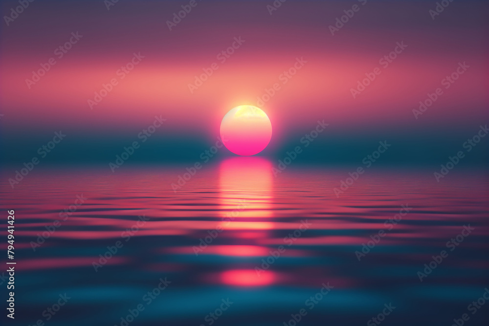 a blurred sunset paints the sky with tangerine hues, the sun a vibrant orb at its center. Horizontally composed, the scene transitions from orange-pink tones above to deep blues below. - obrazy, fototapety, plakaty 