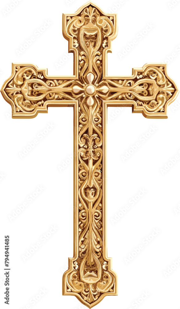 Golden Cross with Intricate Design, Isolated on Transparent Background. PNG with Clipping Path.