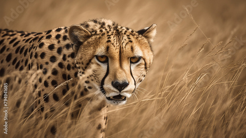 A sleek cheetah stalking its prey through the tall grass, its muscles tense and ready to pounce.