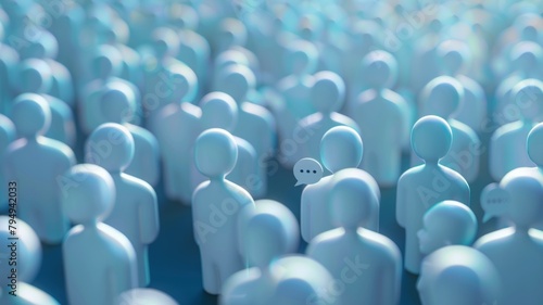 Crowd of Faceless Blue Figures with Speech Bubbles - An intriguing image depicting numerous identical, faceless blue figures with speech bubbles