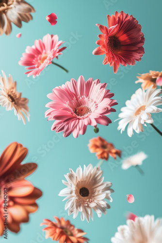 Various gerbera and daisy flowers flying in the air, retro style colours, abstract spring background