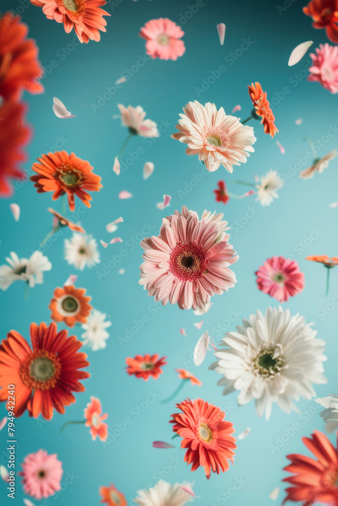 Gerbera flower heads and petals flying in the air against the sky, vintage retro colours, abstract spring floral background.