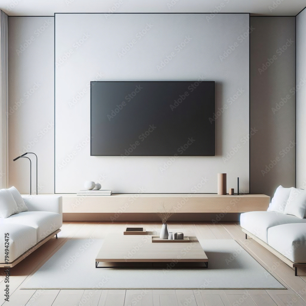 柔らかな夜の光が降り注ぐリビングルーム、居心地の良い環境、画面上に音声コマンドのロゴが表示されたスマート TV、その下にサウンドバー。