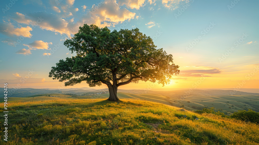 Fototapeta premium Majestic oak tree standing tall on a grassy hill at sunset with rolling hills in the background