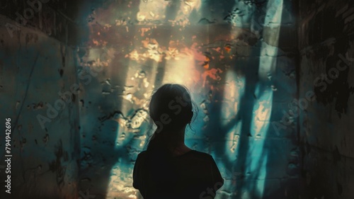 Mysterious woman observing abstract lights - Stunning image displaying a lone woman's silhouette against a backdrop of abstract, shimmering light patterns