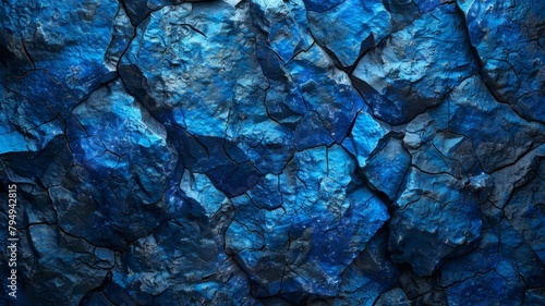 Blue tinted cracked rock surface detail - The rich blue hues enhance the rugged texture of the cracked rock surface, focusing on the play of color