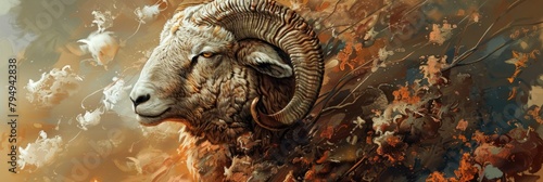 Artistic illustration of a majestic ram - This artistically illustration highlights the detailed texture and strong presence of a ram, with an abstract autumnal backdrop
