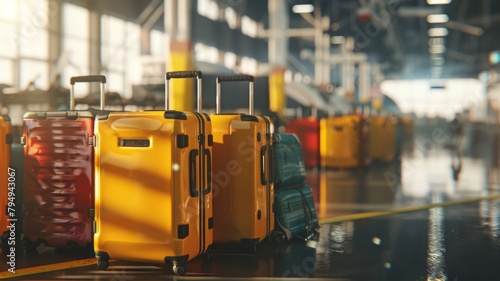 Close-up of colorful luggage at the airport - Vibrant close-up shot of a variety of colorful suitcases lined up on an airport floor