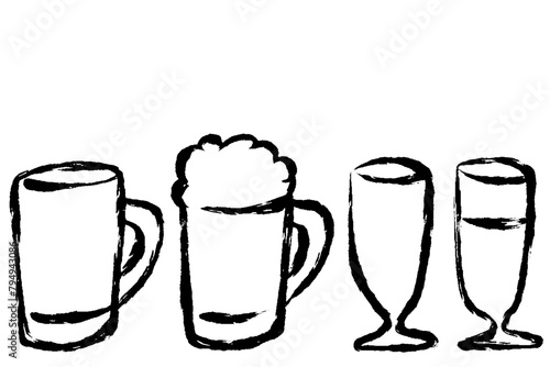 手描き筆書きのグラスに入ったビールのイラストセット
