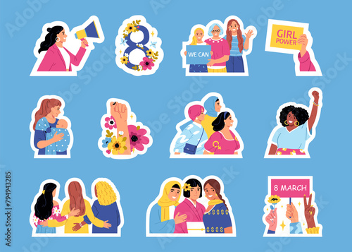 Hand drawn flat women day stickers collection with female characters © Macrovector