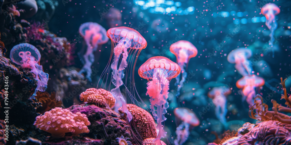 Naklejka premium Ethereal Jellyfish Drifting in a Mesmerizing Underwater Dance