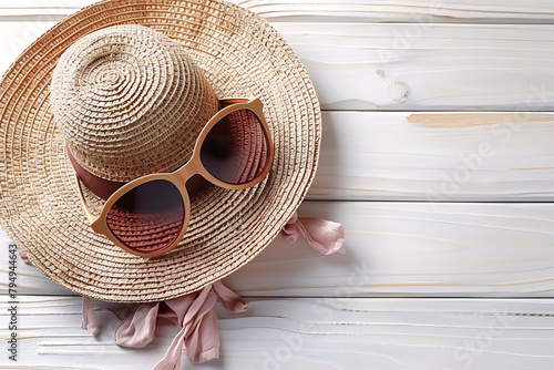 women s straw hat and sunglasses on a wooden background. Top view