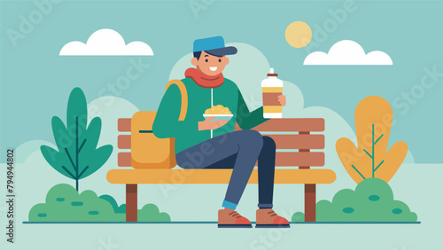 A solo traveler happily sitting on a bench with a homemade sandwich and water bottle avoiding expensive tourist s for a peaceful lunch break.