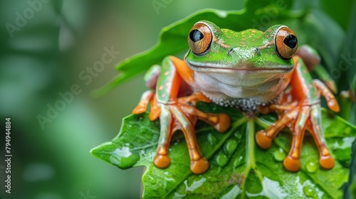 Close-up of a flying frog s face on a branch of a Javan tree. Close-up of a rhacophorus reinwartii frog on green leaves.