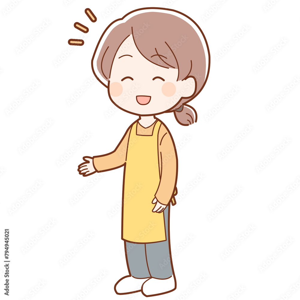 手を差し出し案内をするエプロンの女性 手を差し出し案内をするエプロンの女性