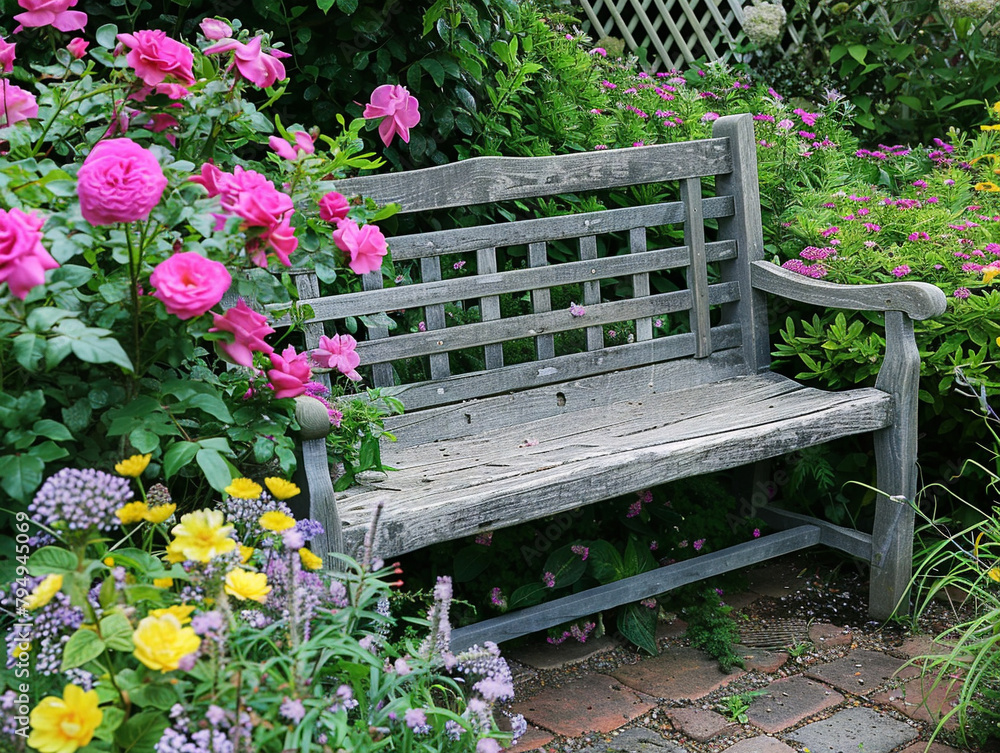 A peaceful garden bench blooming with colorful flowers, inviting you to sit and relax. A peaceful garden bench blooming with colorful flowers, inviting you to sit and relax.