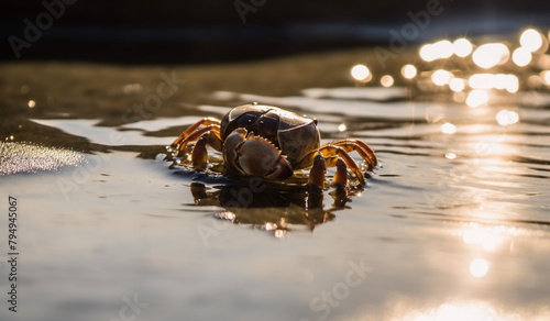 A small crab scuttling along the shoreline, its shell glistening in the sunlight.