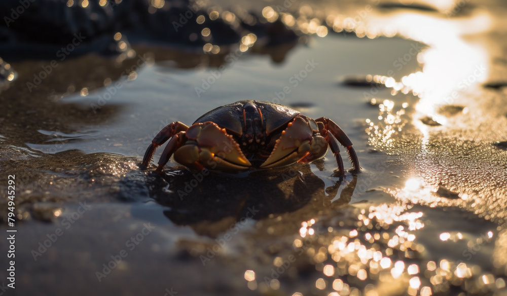 A small crab scuttling along the shoreline, its shell glistening in the sunlight. - obrazy, fototapety, plakaty 