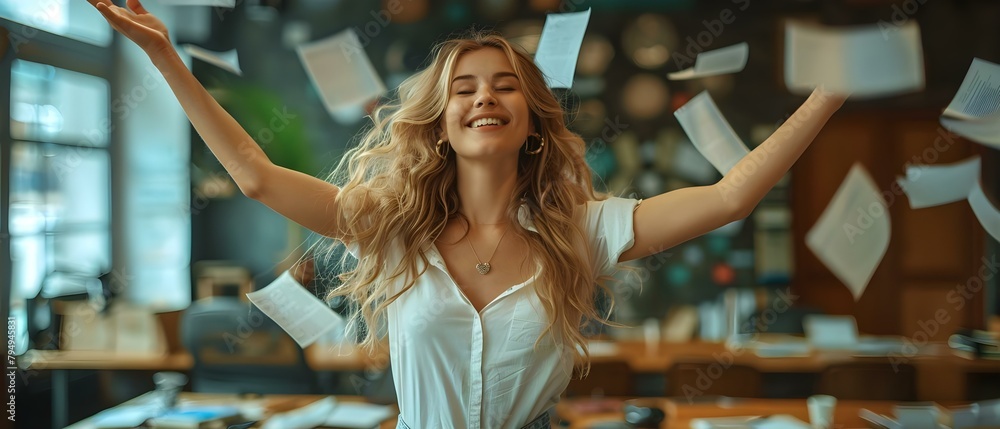 Triumphant businesswoman joyfully discards paperwork in office, embracing freedom. Concept Success Stories, Office Celebrations, End of Workday Relaxation