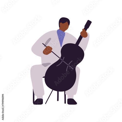 Professional musician plays the double bass at orchestra concert. Performer shows with viola, string instrument. Classic music performance. Flat isolated vector illustration on white background