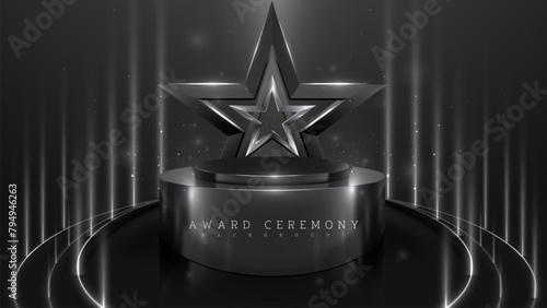 Monochrome Star Trophy on a Podium with Stage Lights, Luxury Black Background, Elegant Award Ceremony Scene. Vector Illustration.