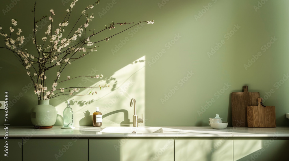 A kitchen with a green wall and a white countertop. A vase with flowers on the counter and a sink with a bottle of soap next to it A kitchen with a green wall and a white countertop. A vase with flowers on the counter and a sink with a bottle of soap next to it