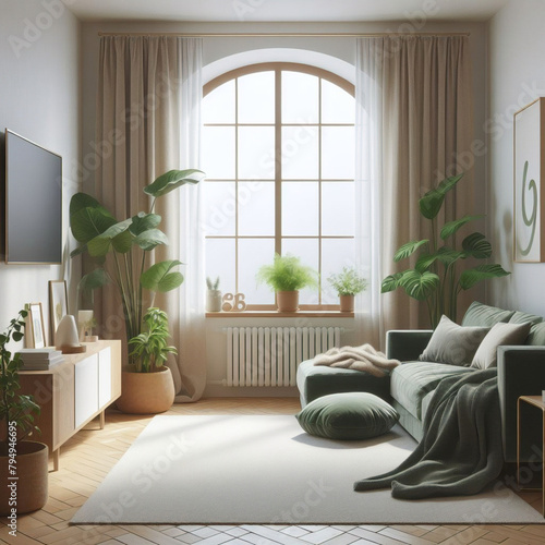 Pared marrón beige en blanco en un dormitorio moderno y lujoso a la luz del sol desde las persianas, cama de madera, manta gris, almohada, mesita de noche en el suelo de parquet para decoración. photo