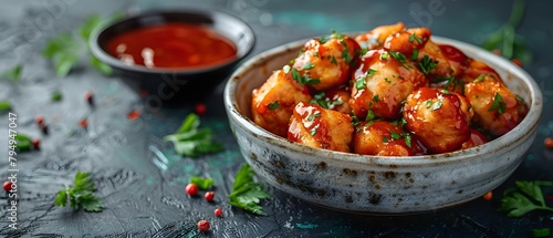 Savory boneless chicken bites in delicious sauce perfect for dipping and sharing. Concept Chicken Bites, Tasty Dipping Sauce, Shareable Snack, Flavorful Appetizer