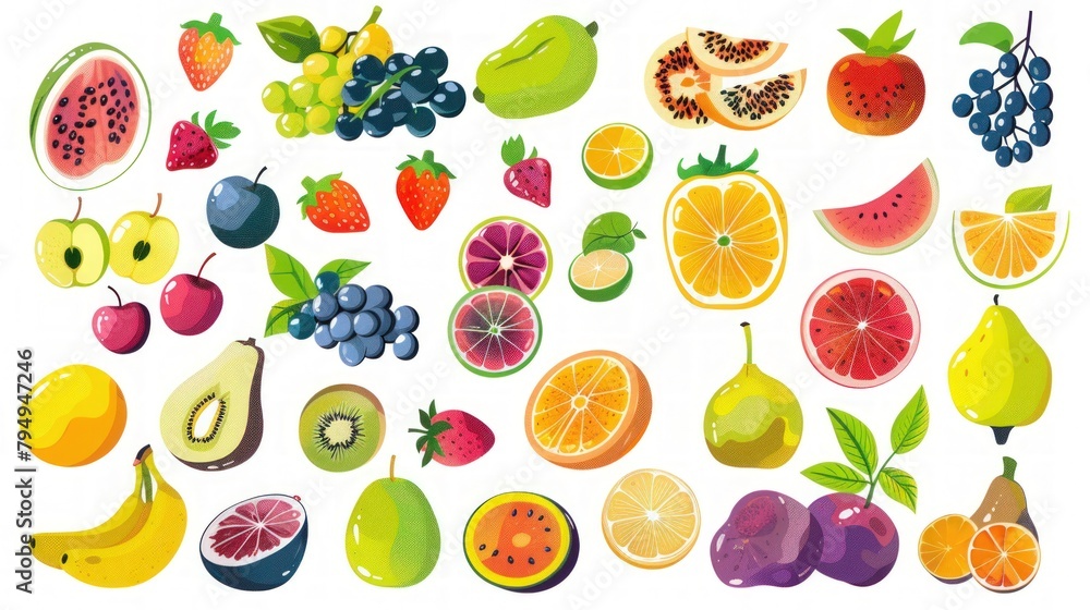 Collection of fruits and vegetables isolated on white background. Illustration of useful products for icons, design, websites. Collection of fruits and vegetables isolated on white background. Illustration of useful products for icons, design, websites.