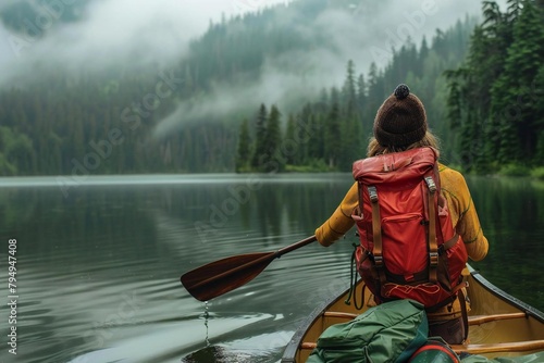 Girl paddling canoe on mountain lake adventure expedition