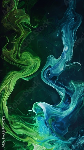 ethereal smoke in vibrant green and blue swirls flowing through a mystical digital art