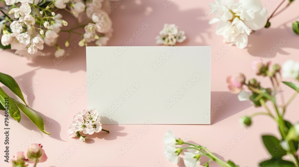 Business card mockup. Minimalistic background with a blank business card for brand advertising, corporate identity. Natural elements and shadows, aesthetics.