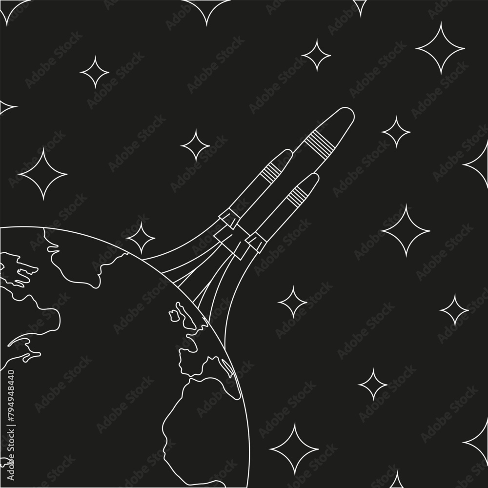 Space art with Rocket Launch from the earth. Intercontinental Missile start from Globe in modern Hand Drawn Cordel Woodcut style. Retro Grunge vector can used t-shirt print, book illustration. Space art with Rocket Launch from the earth. Intercontinental Missile start from Globe in modern Hand Drawn Cordel Woodcut style. Retro Grunge vector can used t-shirt print, book illustration.