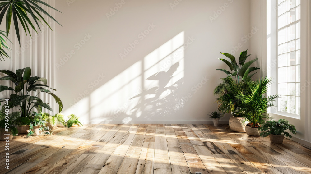 A large room with a white wall and a window. There are several potted plants in the room, including a palm tree. The room is empty and has a minimalist feel A large room with a white wall and a window. There are several potted plants in the room, including a palm tree. The room is empty and has a minimalist feel