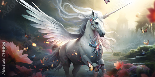 A unicorn with a purple mane and wings is standing in a forest  View Of The Magical And Mythical Unicorn Creature wallpaper  GENERATIVE AI  