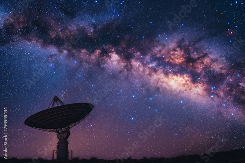 Close-up of a satellite dish with the Milky Way as a stunning backdrop