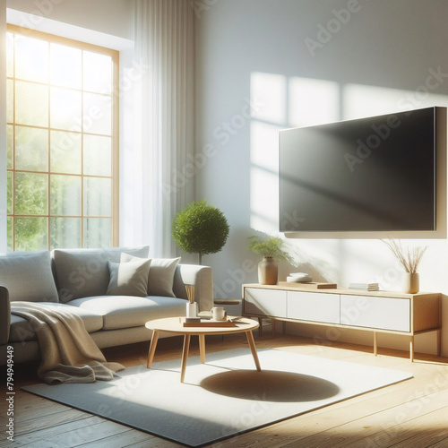 Pared marrón beige en blanco en un dormitorio moderno y lujoso a la luz del sol desde las persianas, cama de madera, manta gris, almohada, mesita de noche en el suelo de parquet para decoración. photo