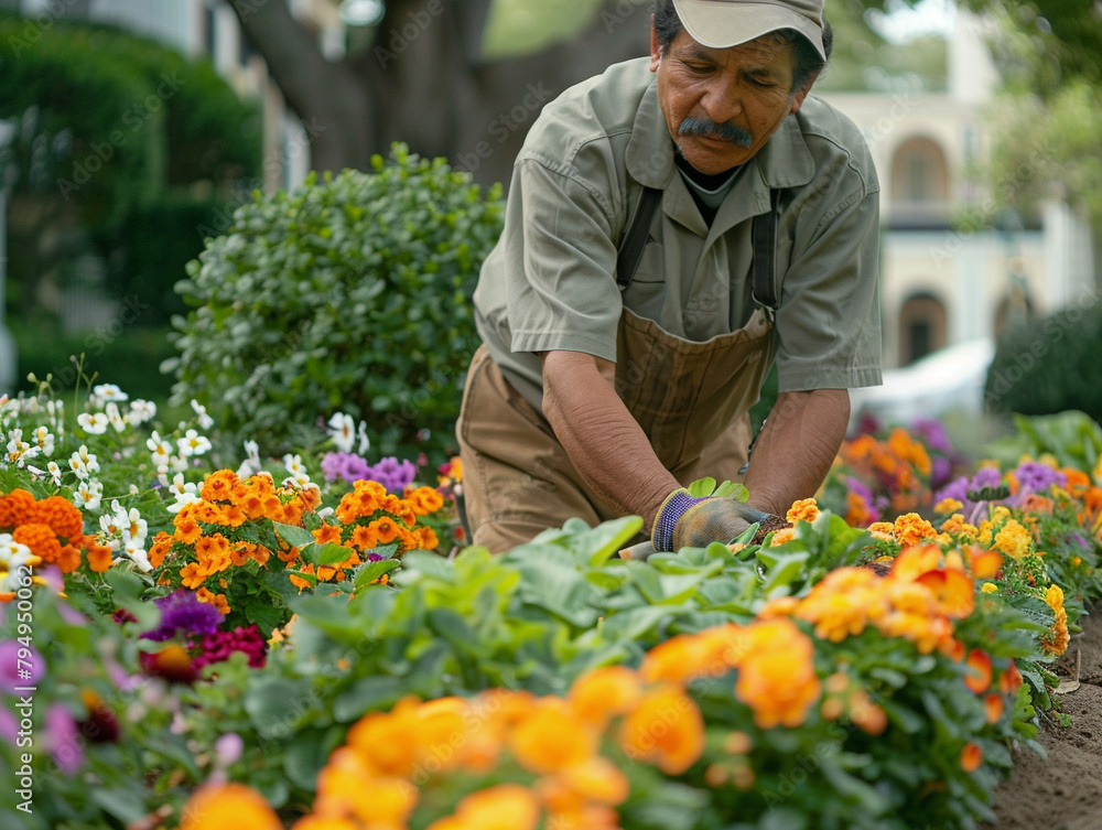 A gardener in a stylish raw v6 outfit tending to colorful flower beds on a sunny day. A gardener in a stylish raw v6 outfit tending to colorful flower beds on a sunny day.