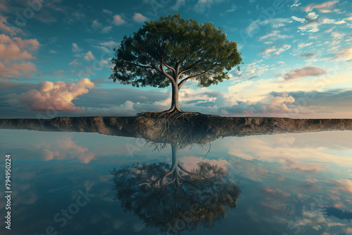 A lone tree standing tall, roots embedded deep, symbolizing steadfastness in values and aspirations photo