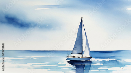 watercolor painting of a solitary sailboat in the calm ocean photo