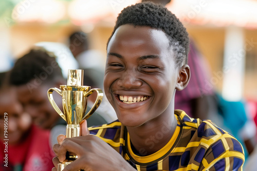 Close-up of a recipient's joyful expression upon receiving their trophy, capturing the essence of victory